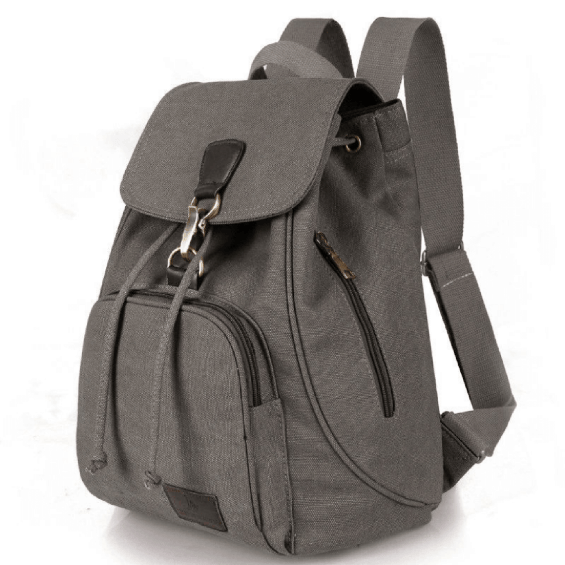 Gray canvas backpack with spacious compartments and adjustable straps, ideal for school, work, and gym use.