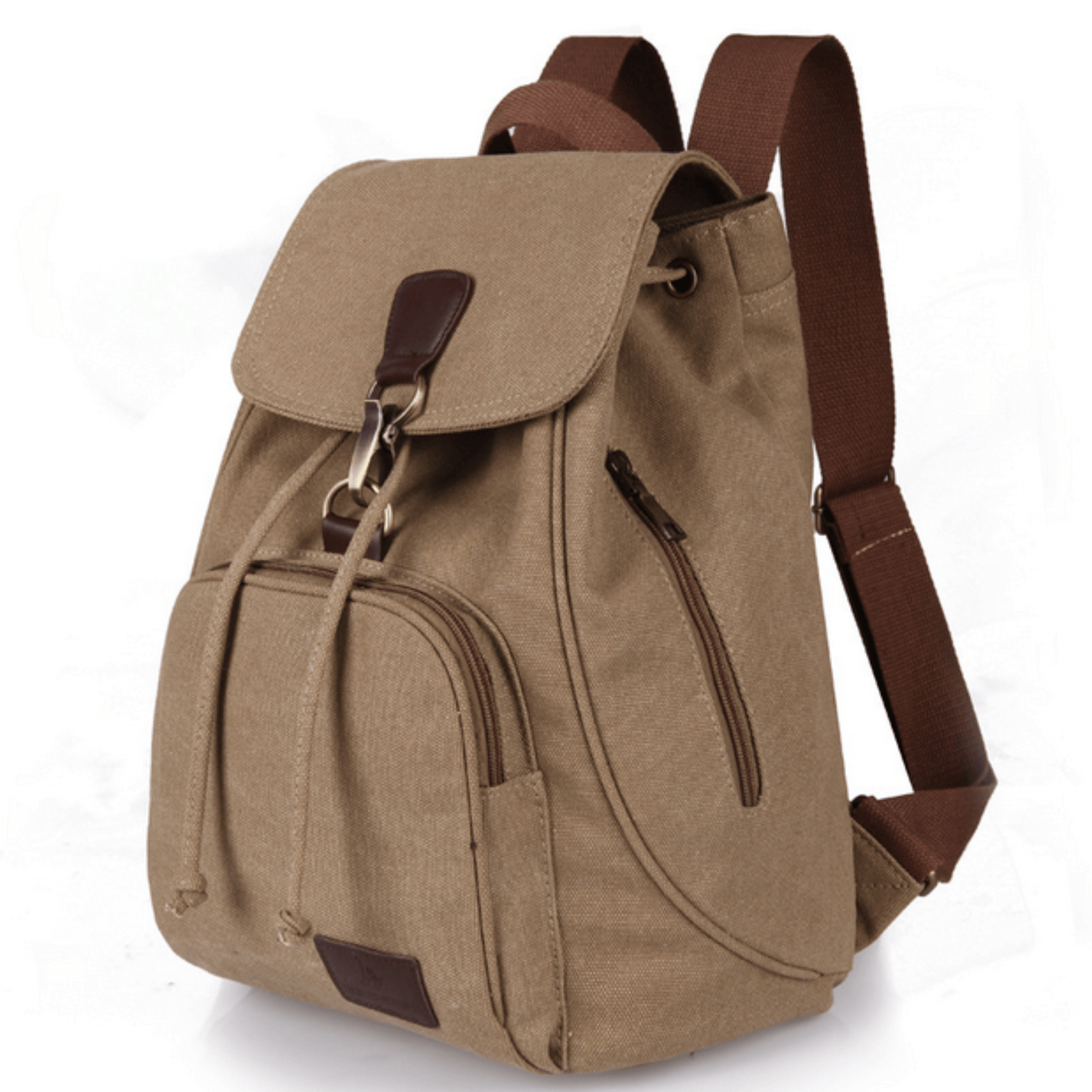Stylish tan canvas backpack with brown straps and multiple compartments for school, gym, and travel.