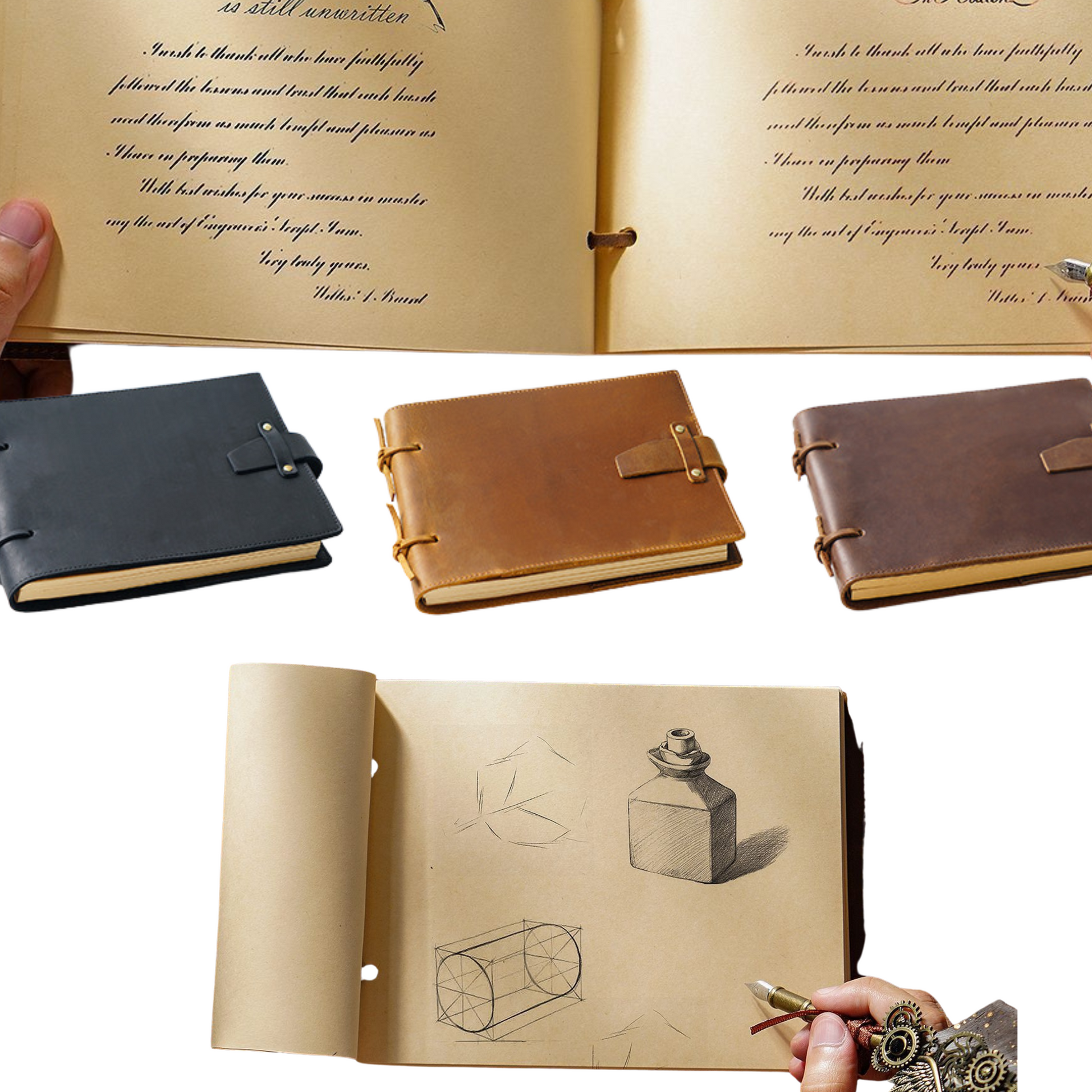 Crazy Horse leather bound sketchbook travel journal open to sketches, showcasing black, brown, and tan covers.