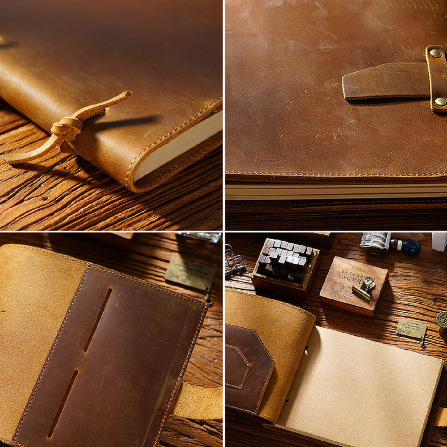 Close-up of Crazy Horse Leather Bound Sketchbook Travel Journal with ties, showing textured brown leather and blank pages.