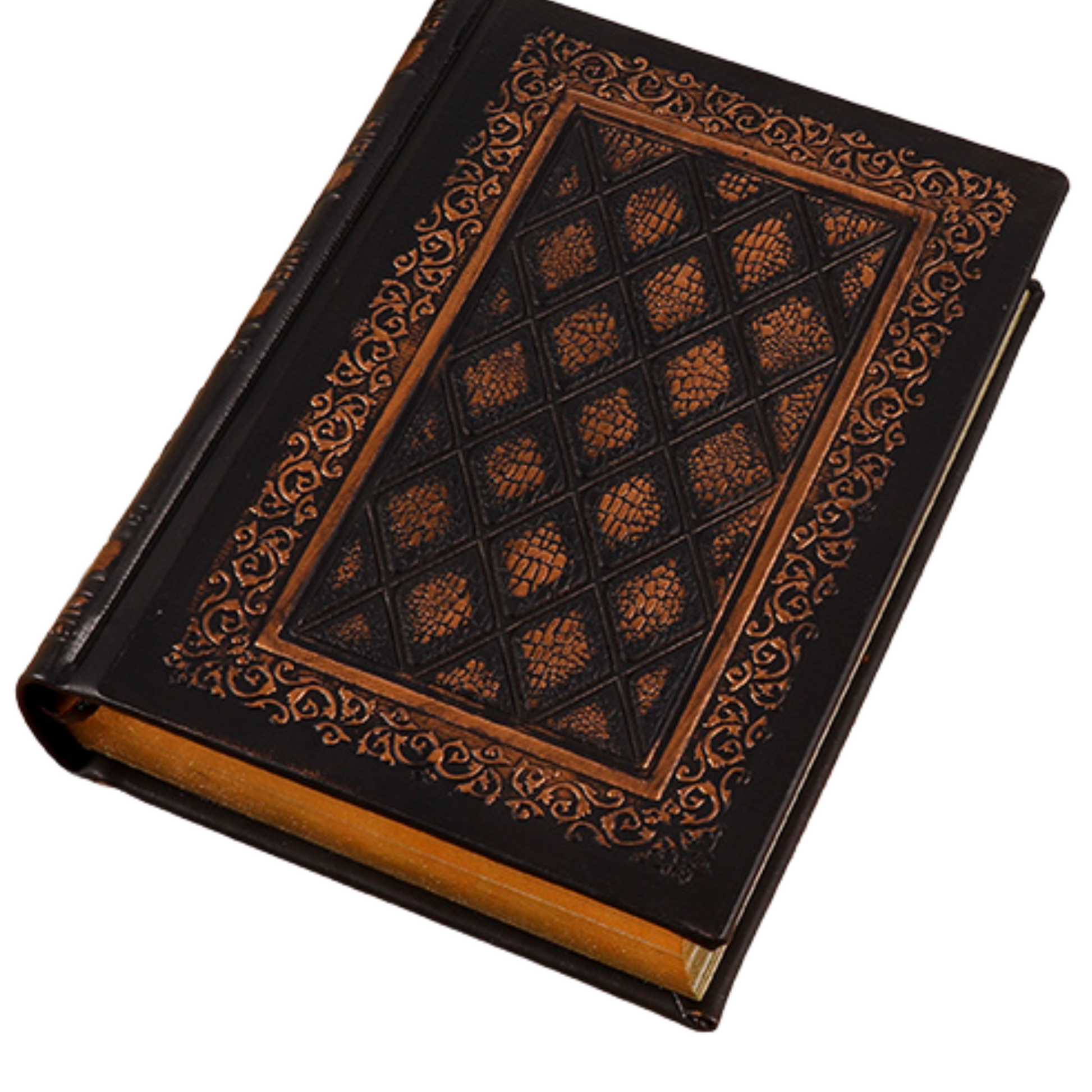 Handmade hard cover travel journal with ornate embossed design and gold edges.