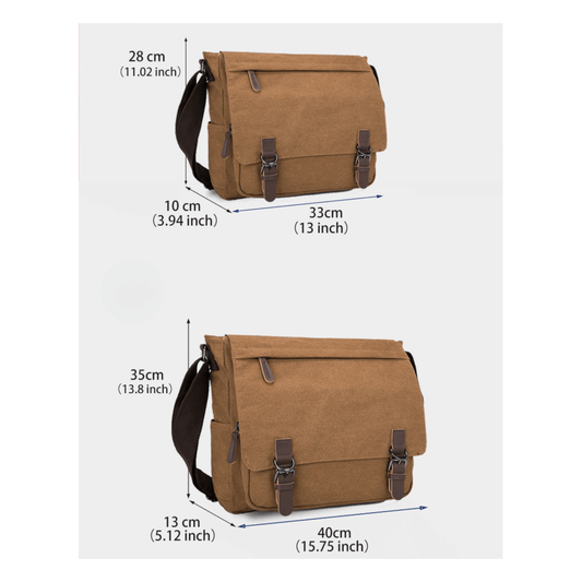 Large and Extra Large Canvas Cross Body Messenger Satchel with dimensions 13 inch and 15 inch shown in brown.