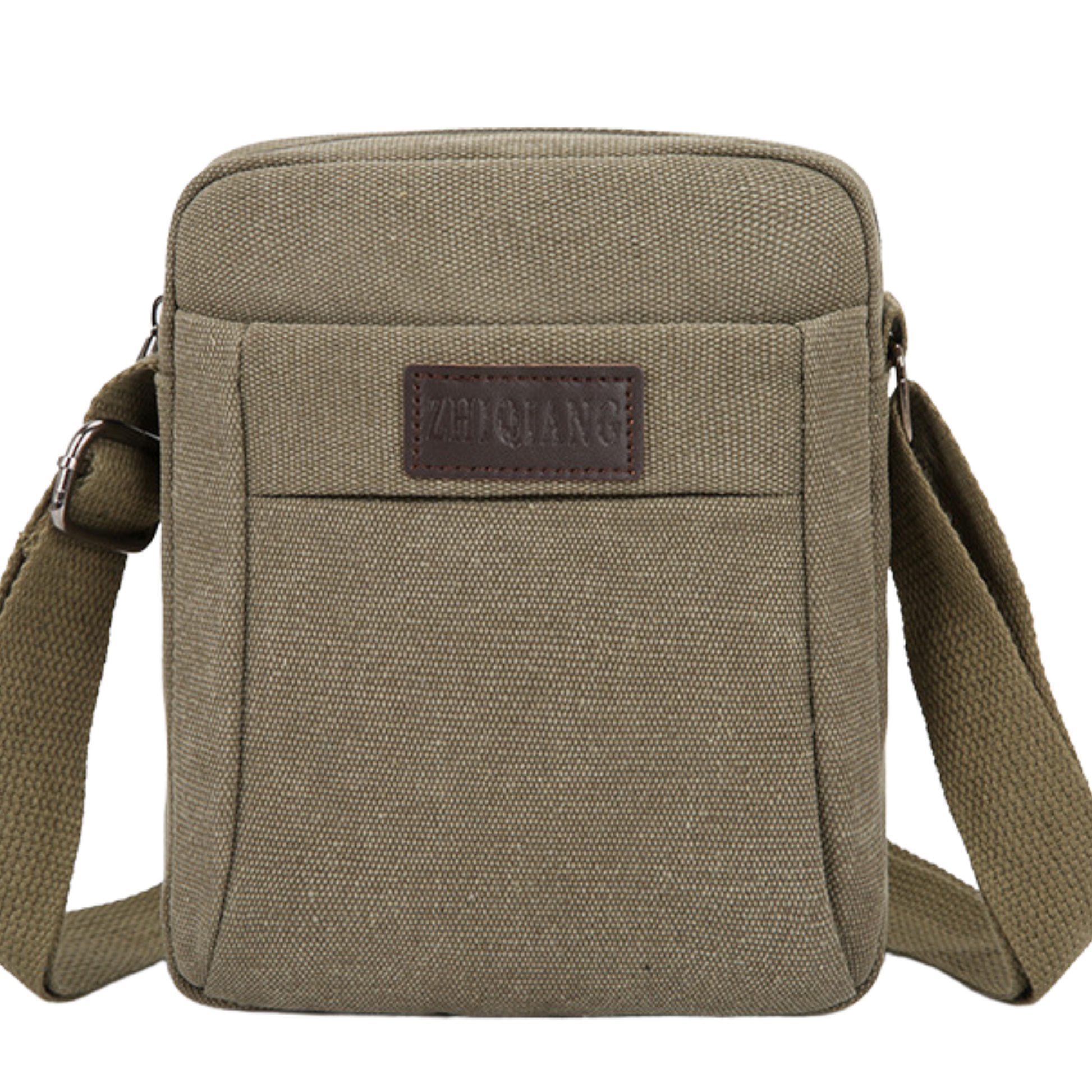 Small compact canvas messenger bag in olive green with adjustable strap and multiple zipper pockets.