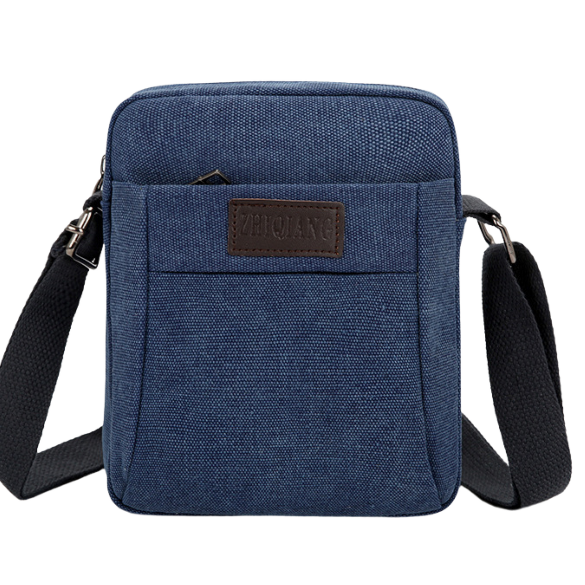 Small compact canvas messenger bag with multiple pockets, perfect for men and women, in navy blue.