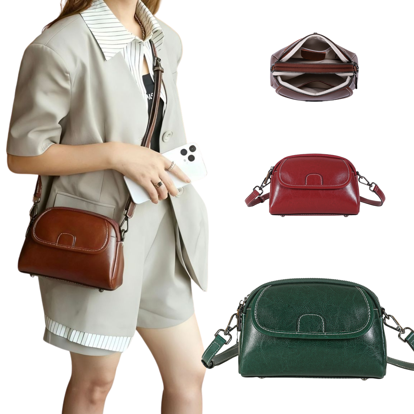 Genuine Leather Vintage Oil-Wax Crossbody Handbag